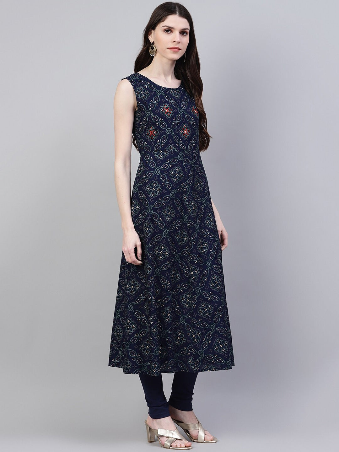 Bandhani Print Rayon Flared Kurta Dupatta Set (Dark Blue)