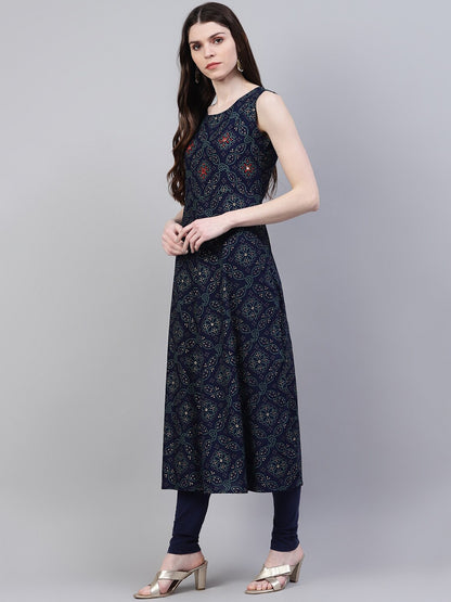 Bandhani Print Rayon Flared Kurta Dupatta Set (Dark Blue)