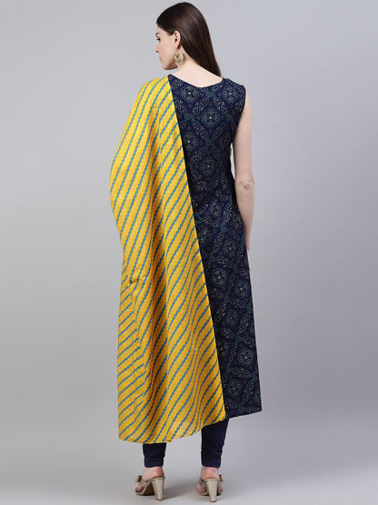 Bandhani Print Rayon Flared Kurta Dupatta Set (Dark Blue)