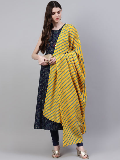 Bandhani Print Rayon Flared Kurta Dupatta Set (Dark Blue)