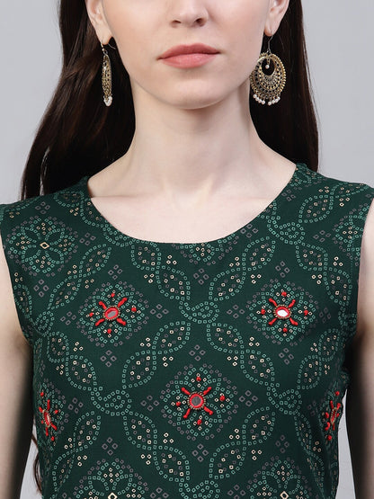 Bandhani Print Rayon Flared Kurta Dupatta Set (Dark Green)