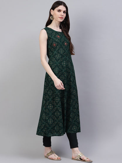 Bandhani Print Rayon Flared Kurta Dupatta Set (Dark Green)