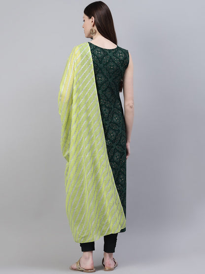 Bandhani Print Rayon Flared Kurta Dupatta Set (Dark Green)