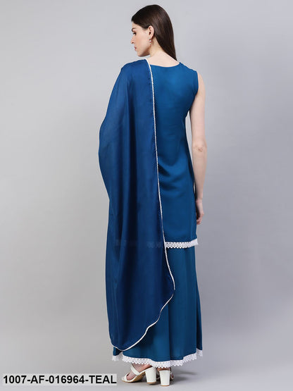 Embroidered Rayon Straight Kurta Skirt Dupatta Set (Teal Blue)