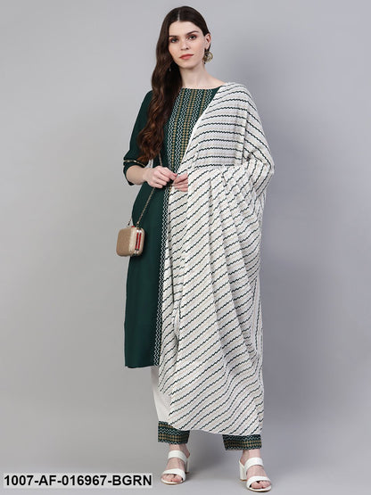 Printed Cotton Straight Kurta Pant Dupatta Set (Dark Green)