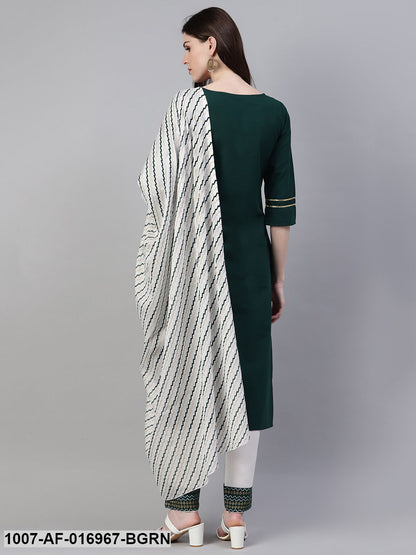 Printed Cotton Straight Kurta Pant Dupatta Set (Dark Green)
