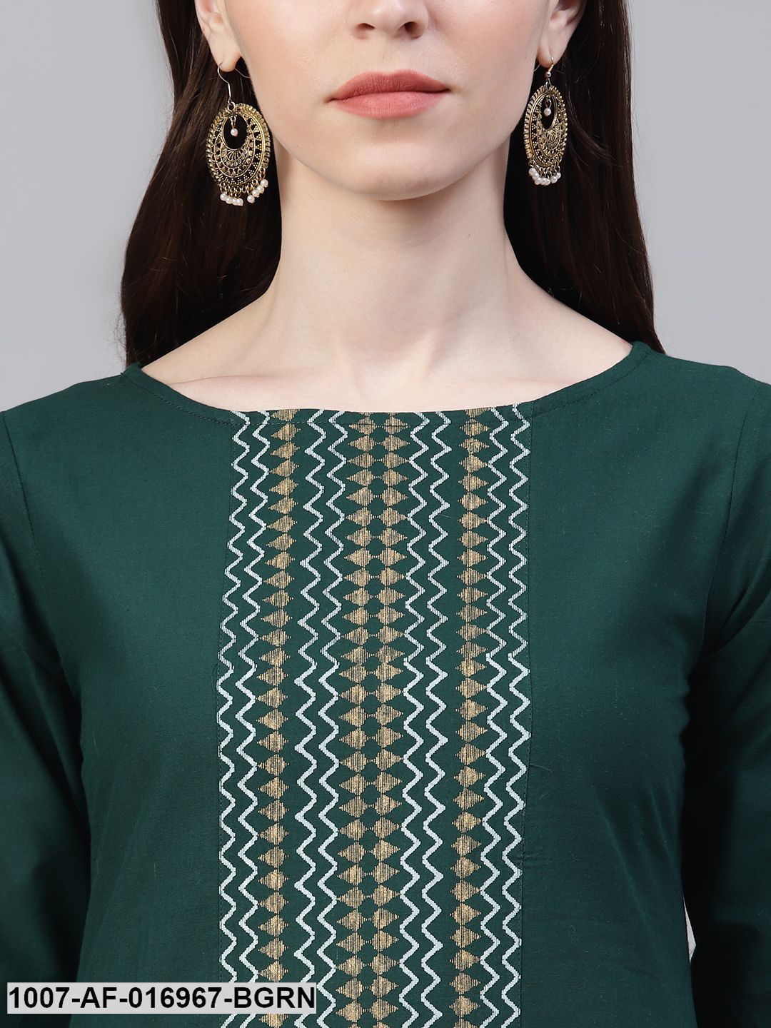 Printed Cotton Straight Kurta Pant Dupatta Set (Dark Green)