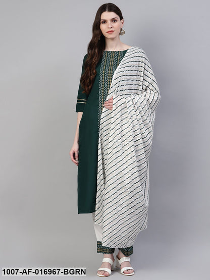 Printed Cotton Straight Kurta Pant Dupatta Set (Dark Green)
