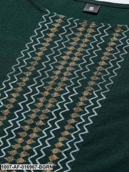 Printed Cotton Straight Kurta Pant Dupatta Set (Dark Green)