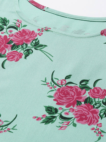 Floral Print Rayon Straight Kurta Pant Dupatta Set (Pastel Green)