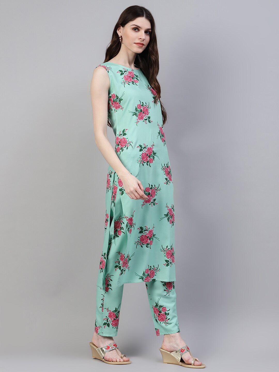 Floral Print Rayon Straight Kurta Pant Dupatta Set (Pastel Green)