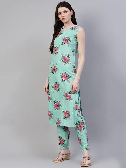 Floral Print Rayon Straight Kurta Pant Dupatta Set (Pastel Green)