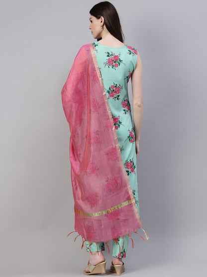 Floral Print Rayon Straight Kurta Pant Dupatta Set (Pastel Green)