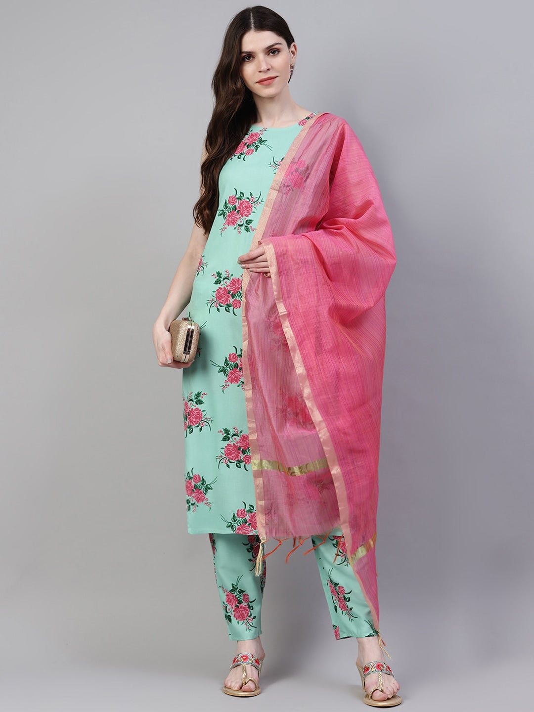 Floral Print Rayon Straight Kurta Pant Dupatta Set (Pastel Green)