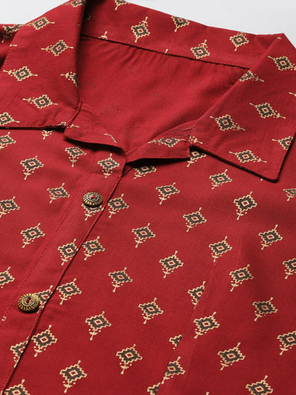 Printed Rayon Shirt Skirt Set (Maroon)