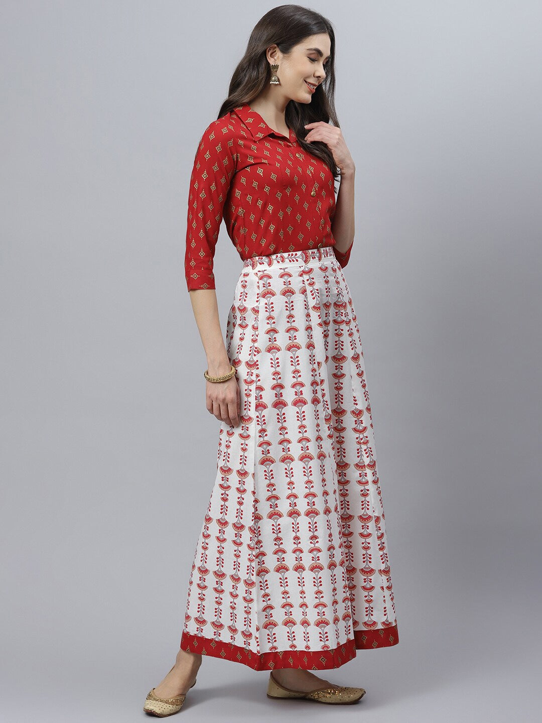 Printed Rayon Shirt Skirt Set (Maroon)