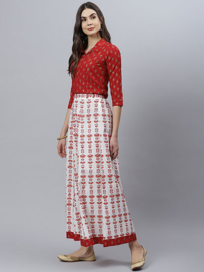 Printed Rayon Shirt Skirt Set (Maroon)