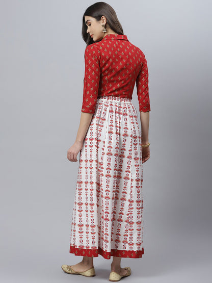 Printed Rayon Shirt Skirt Set (Maroon)