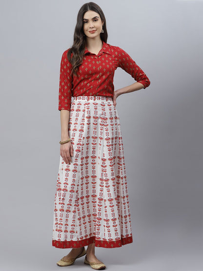 Printed Rayon Shirt Skirt Set (Maroon)