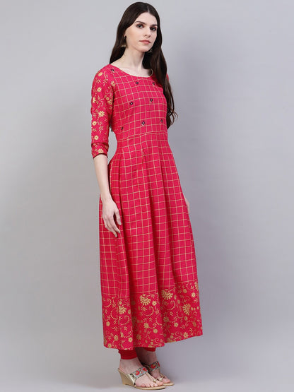 Women's Checkered Rayon Flared Kurta Dupatta Set (Pink, Beige)