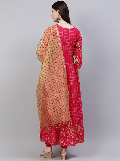 Women's Checkered Rayon Flared Kurta Dupatta Set (Pink, Beige)