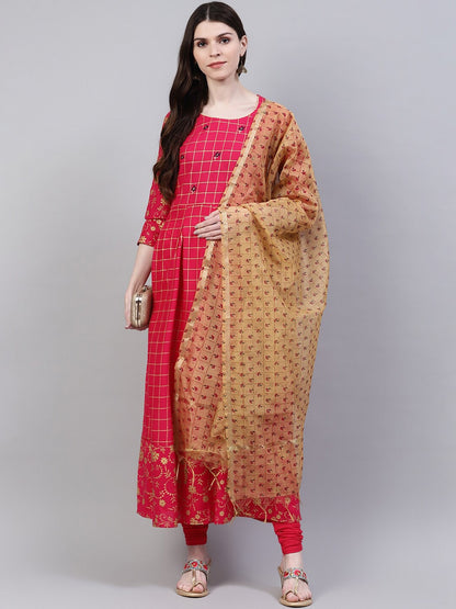 Women's Checkered Rayon Flared Kurta Dupatta Set (Pink, Beige)