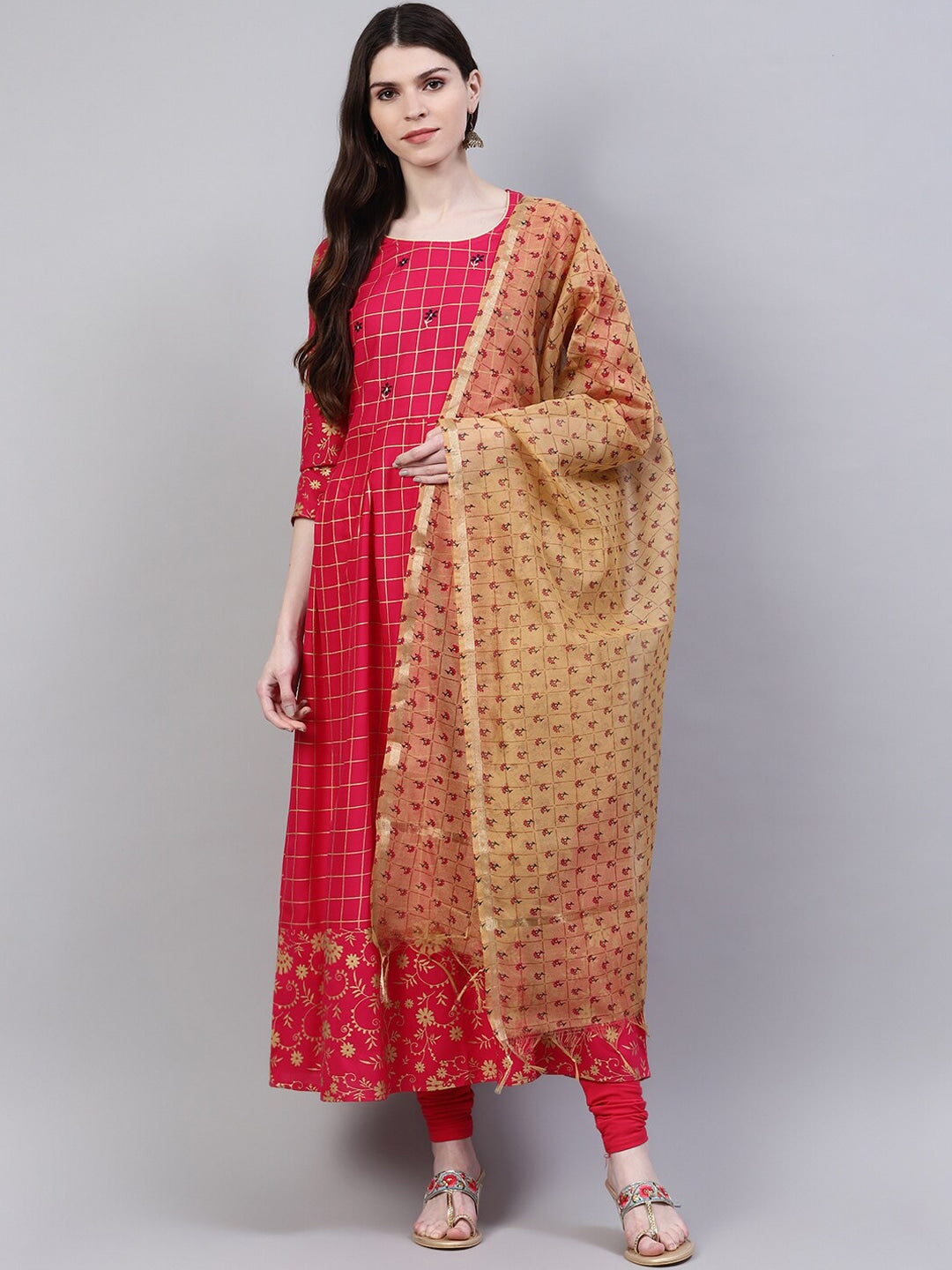 Women's Checkered Rayon Flared Kurta Dupatta Set (Pink, Beige)