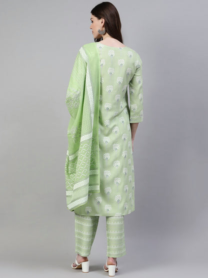Women's Printed Rayon Straight Kurta Pant Dupatta Set (Pastel Green)