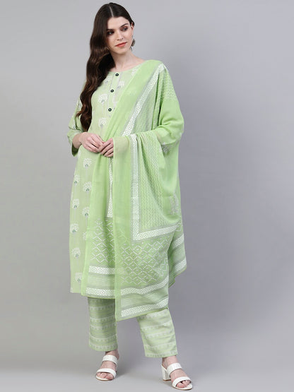 Women's Printed Rayon Straight Kurta Pant Dupatta Set (Pastel Green)