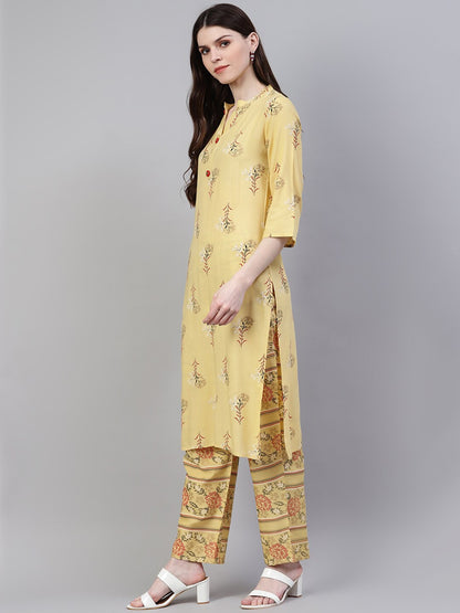 Women's Printed Rayon Straight Kurta Pant Dupatta Set (Pastel Yellow)