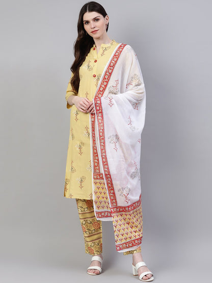 Women's Printed Rayon Straight Kurta Pant Dupatta Set (Pastel Yellow)