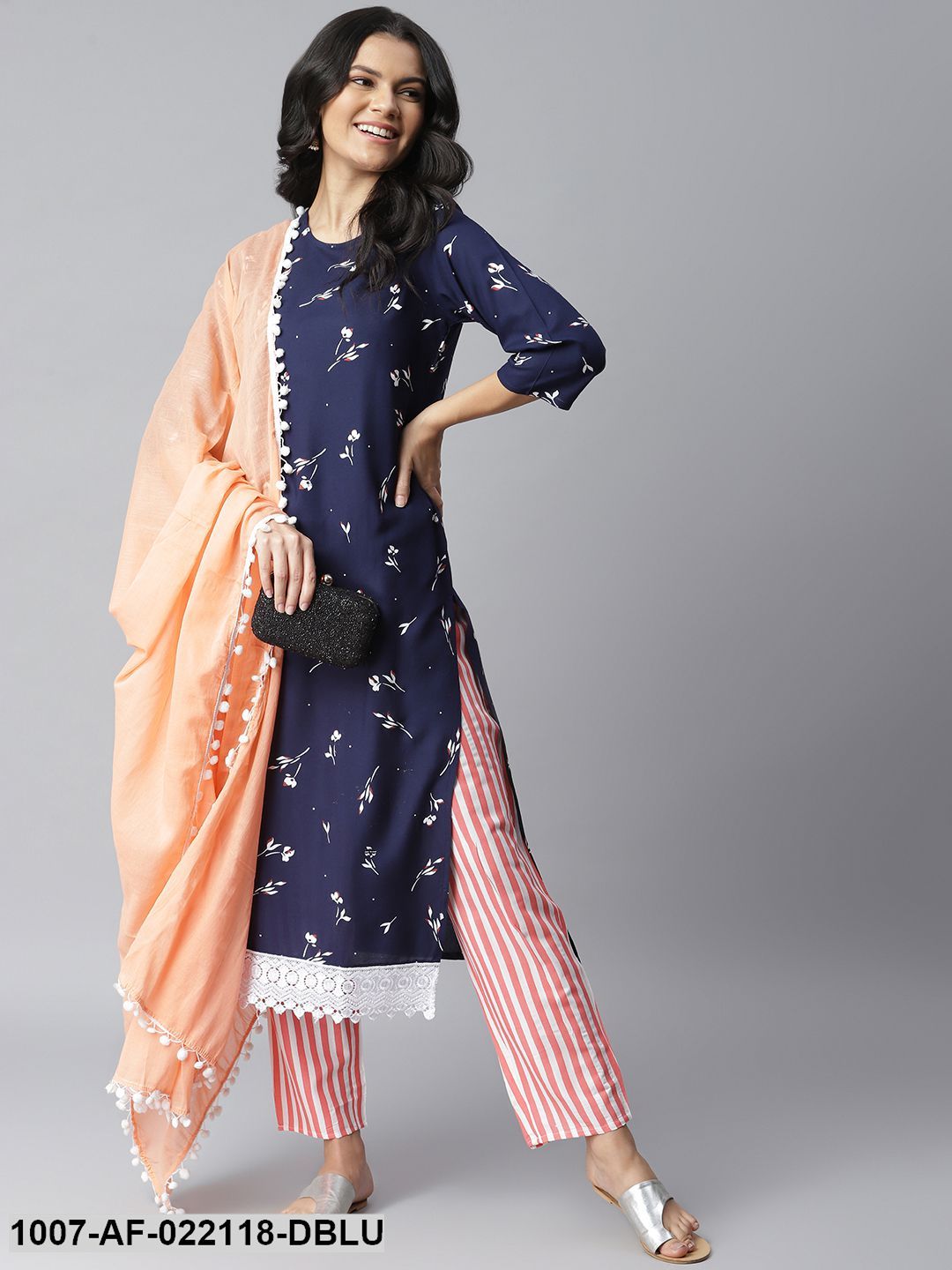 Women's Printed Rayon Straight Kurta Pant Dupatta Set (Navy Blue, Peach)