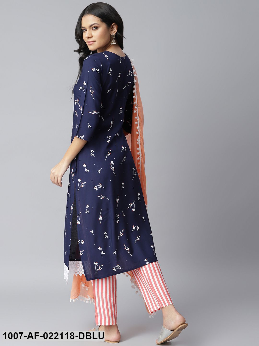 Women's Printed Rayon Straight Kurta Pant Dupatta Set (Navy Blue, Peach)