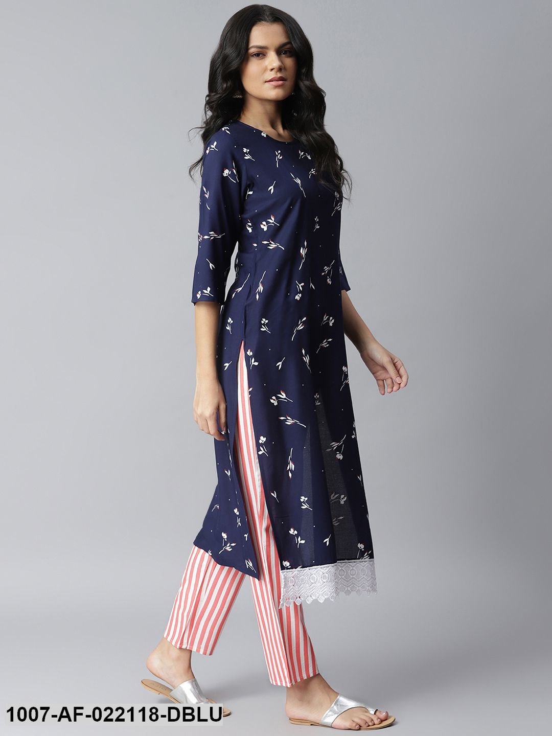 Women's Printed Rayon Straight Kurta Pant Dupatta Set (Navy Blue, Peach)