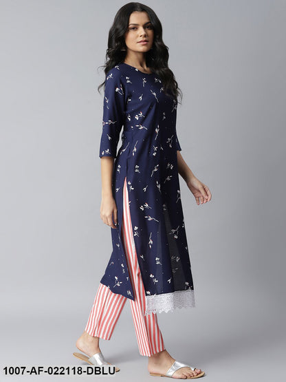 Women's Printed Rayon Straight Kurta Pant Dupatta Set (Navy Blue, Peach)