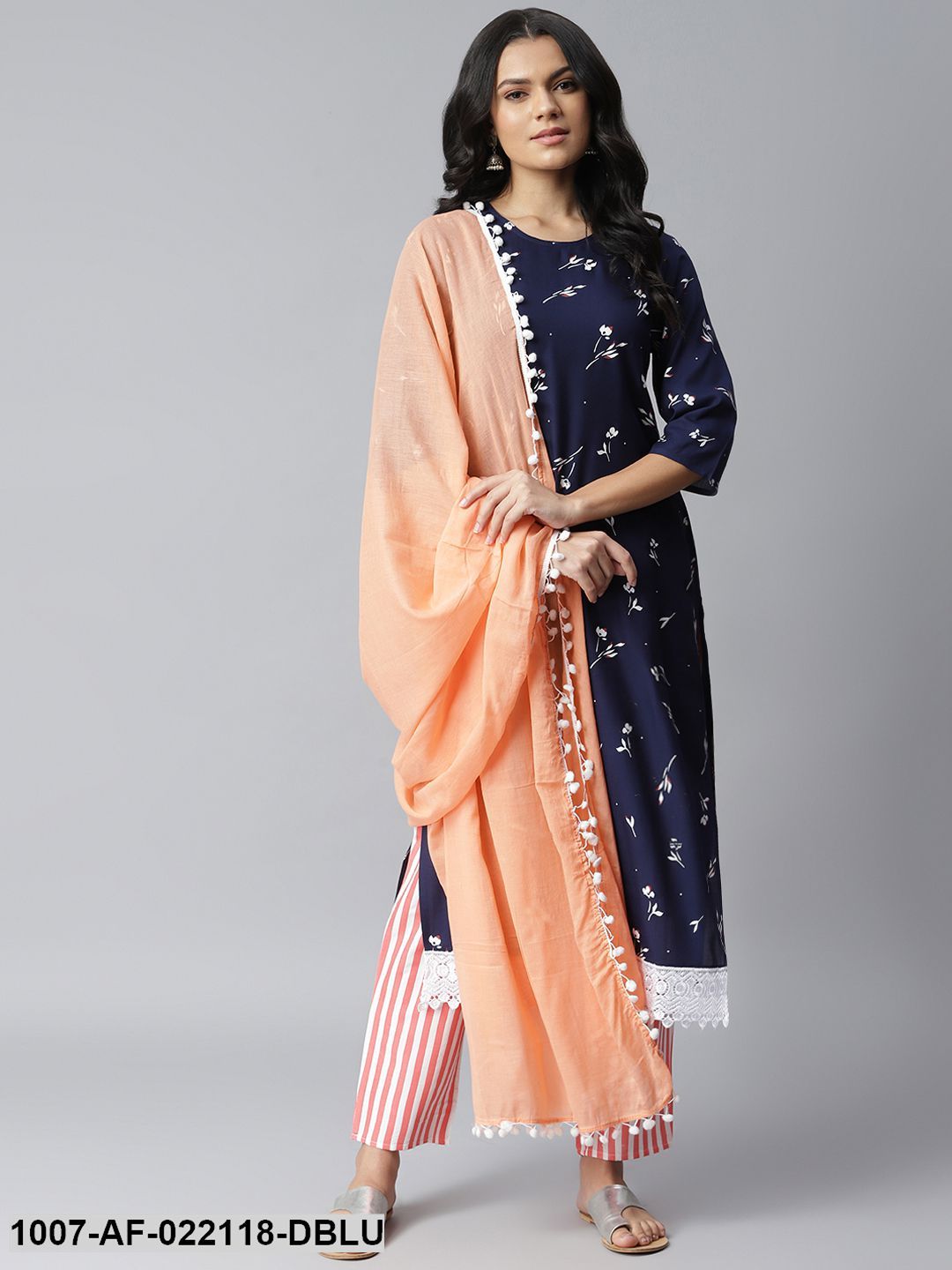 Women's Printed Rayon Straight Kurta Pant Dupatta Set (Navy Blue, Peach)