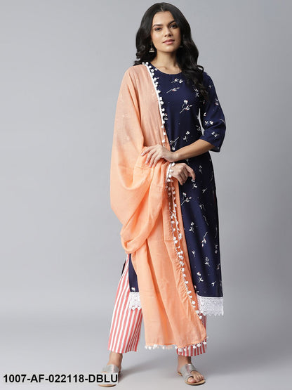 Women's Printed Rayon Straight Kurta Pant Dupatta Set (Navy Blue, Peach)