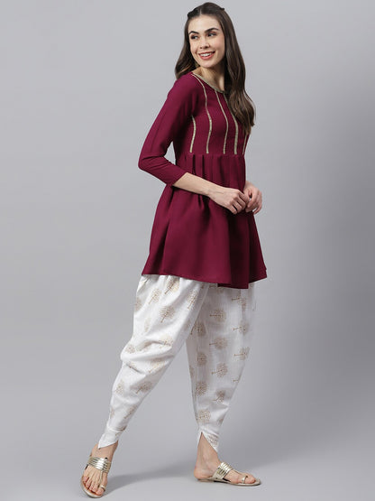 Women's Embellished Rayon Pleated kurta Dhoti Pant Set (Purple, Off White)