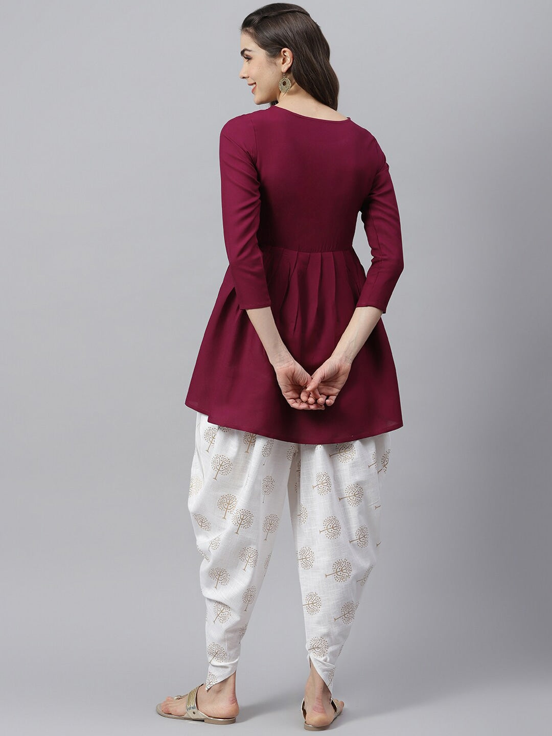 Women's Embellished Rayon Pleated kurta Dhoti Pant Set (Purple, Off White)