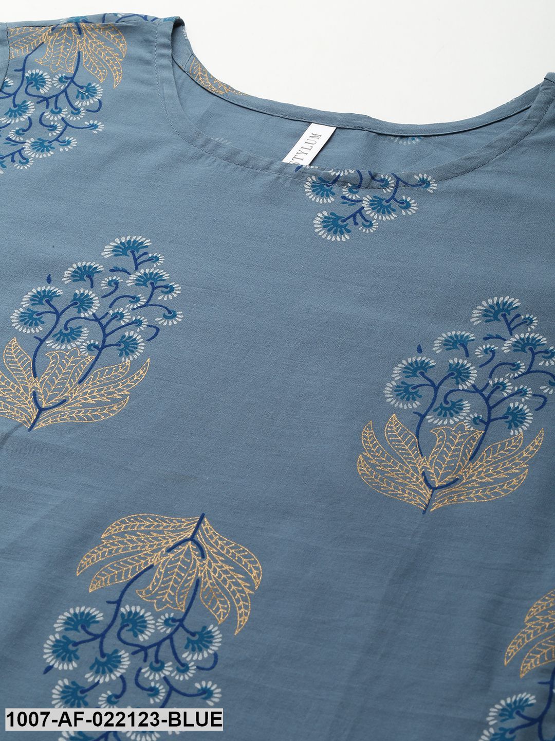 Women's Printed Cotton Straight Kurta Pant Dupatta Set (Denim Blue)