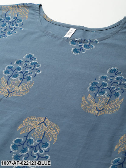 Women's Printed Cotton Straight Kurta Pant Dupatta Set (Denim Blue)