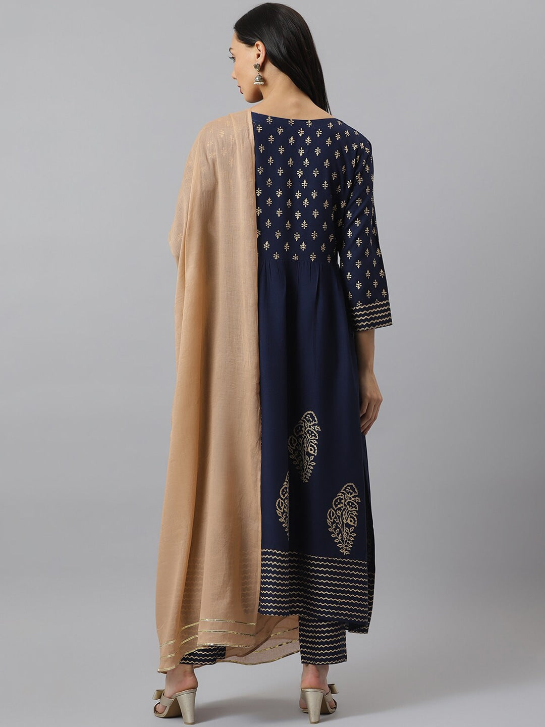 Gold Printed Rayon Flared Kurta Pant Dupatta Set
