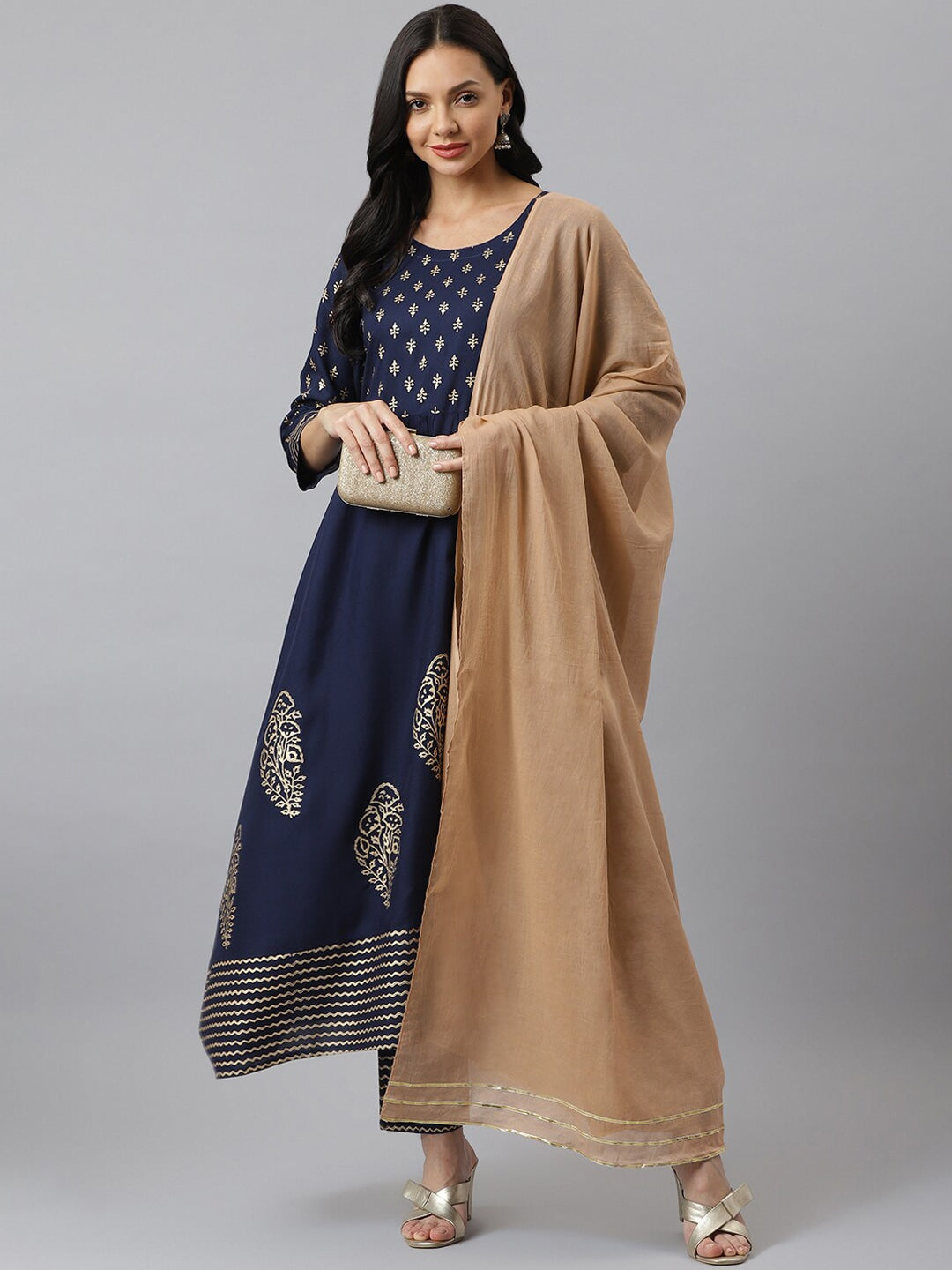 Gold Printed Rayon Flared Kurta Pant Dupatta Set