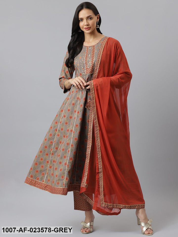 Floral Printed Cotton Anarkali Kurta with Pant &amp; Dupatta