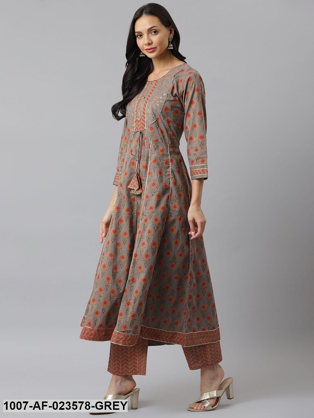 Floral Printed Cotton Anarkali Kurta with Pant &amp; Dupatta