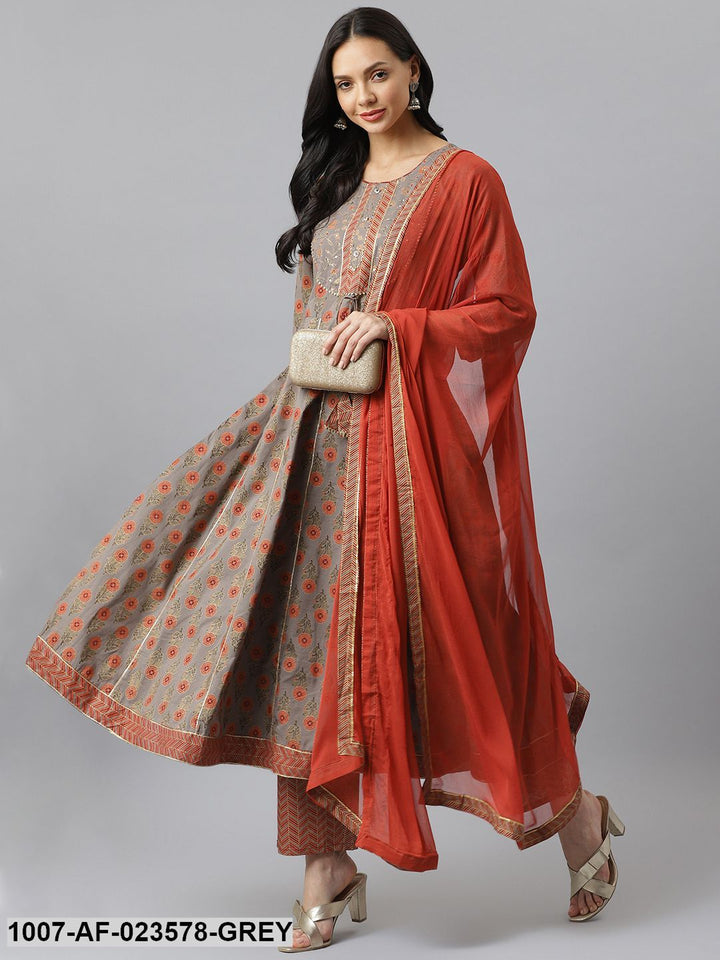 Floral Printed Cotton Anarkali Kurta with Pant &amp; Dupatta