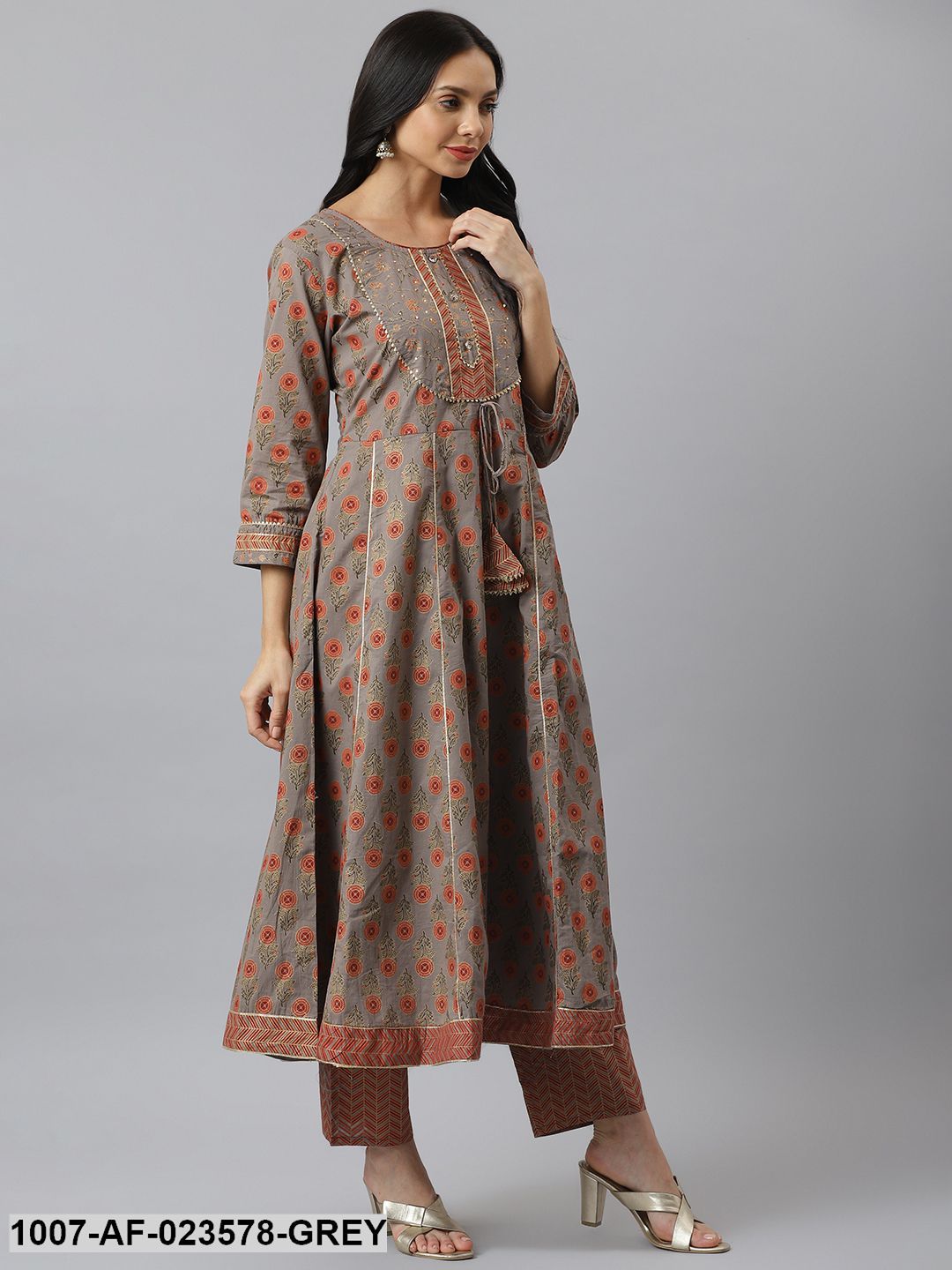 Floral Printed Cotton Anarkali Kurta with Pant &amp; Dupatta