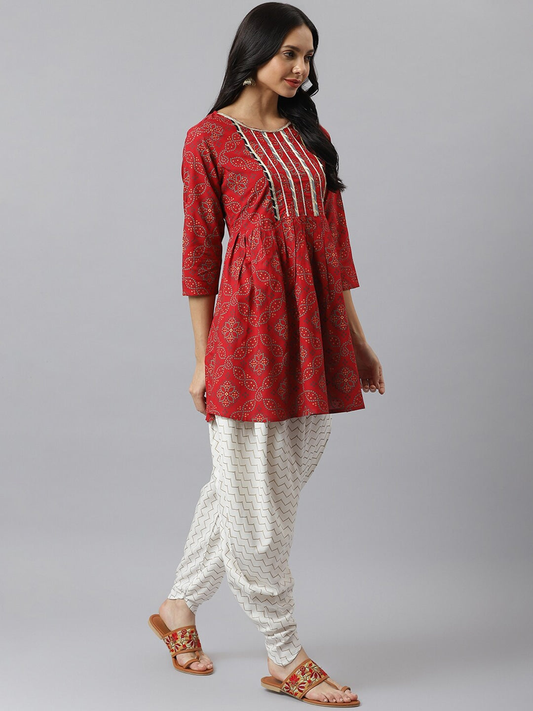 Bandhani Print Rayon Pleated Kurta Dhoti Pant Set