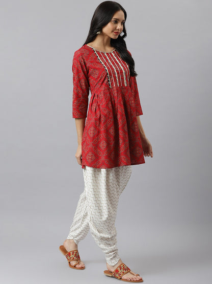 Bandhani Print Rayon Pleated Kurta Dhoti Pant Set
