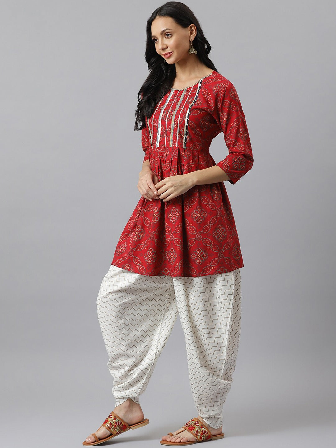 Bandhani Print Rayon Pleated Kurta Dhoti Pant Set